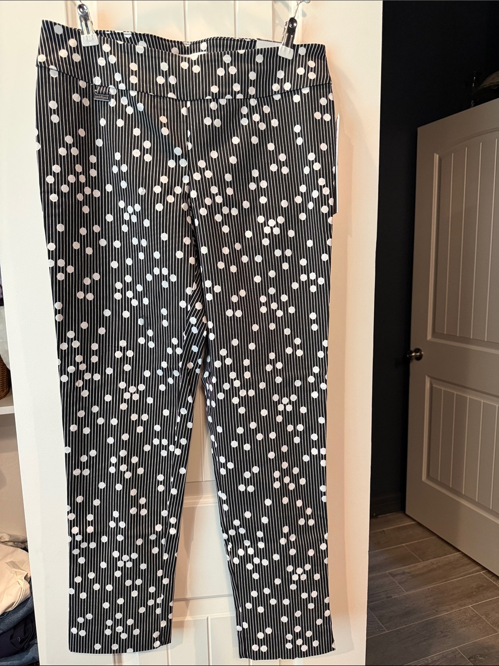 Peck & Peck Black Pants with White Polka Dot and Pinstripe Motif